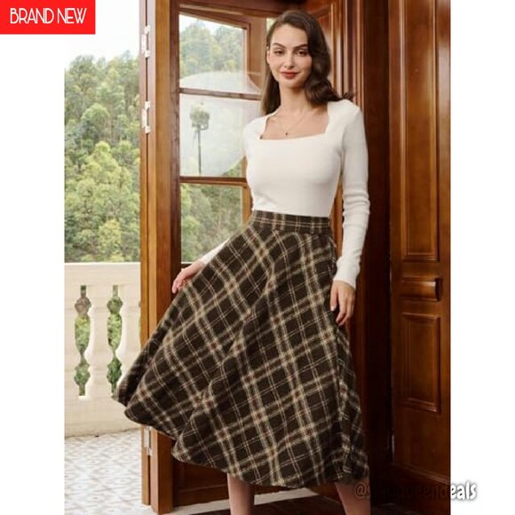 Plaid Midi Skirt with Pockets High Elastic Waist A-Line Fall Winter - Picture 6 of 8